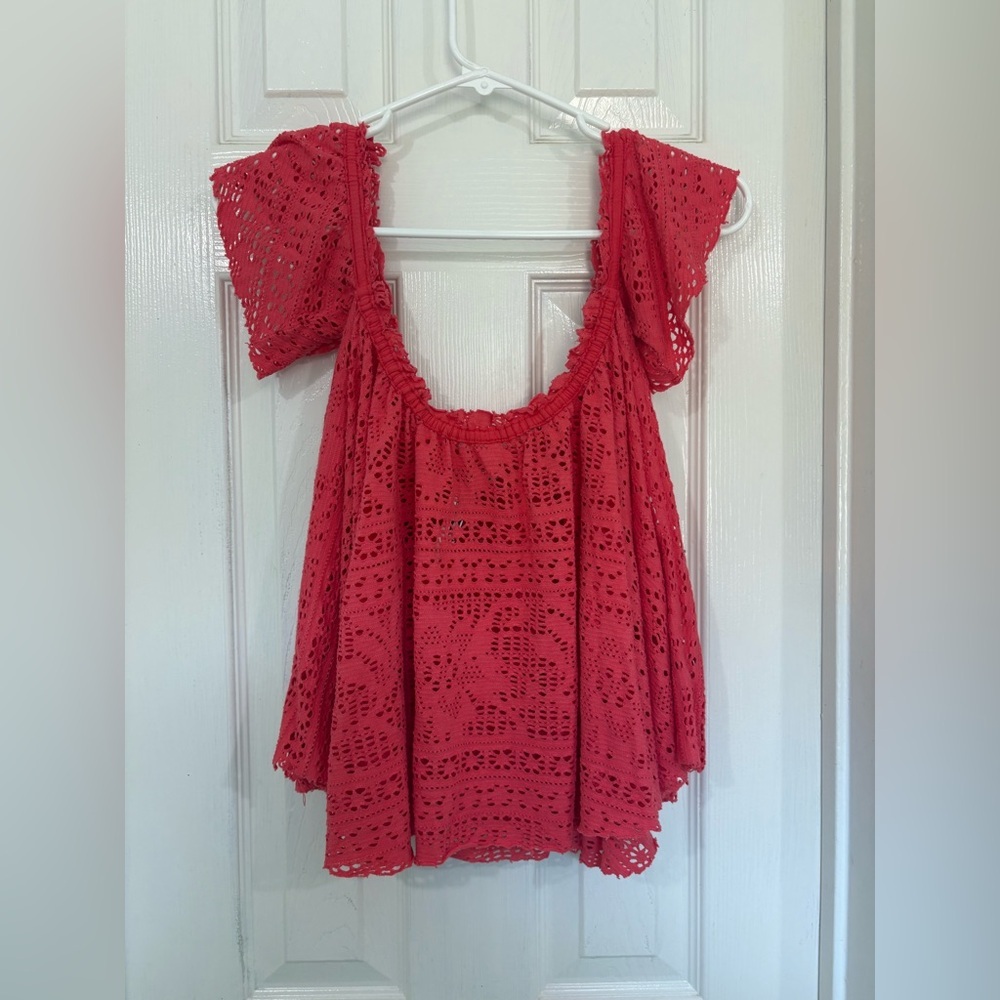 Free People Red Boxy Flutter Sleeve Blouse